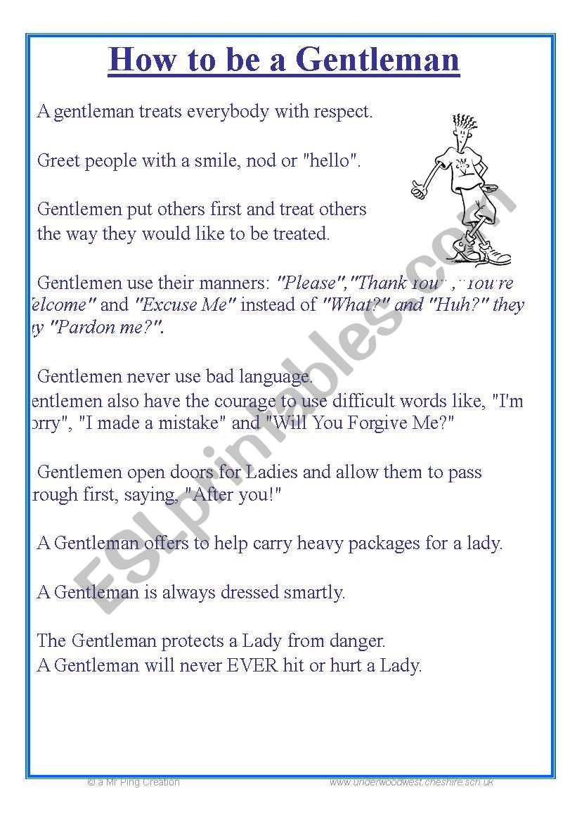 How To Be A Gentleman How To Be A Lady Esl Worksheet By Mr Ping
