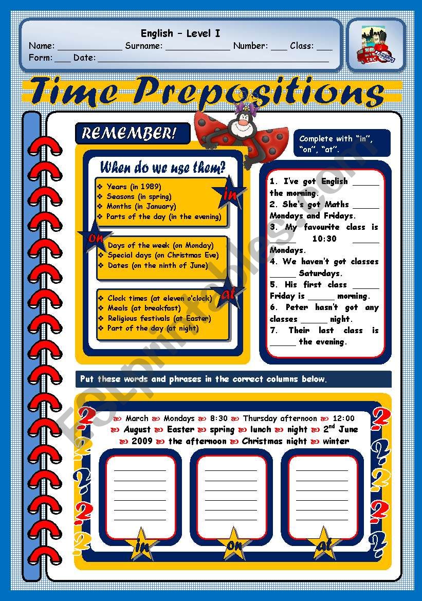 TIME PREPOSITIONS worksheet