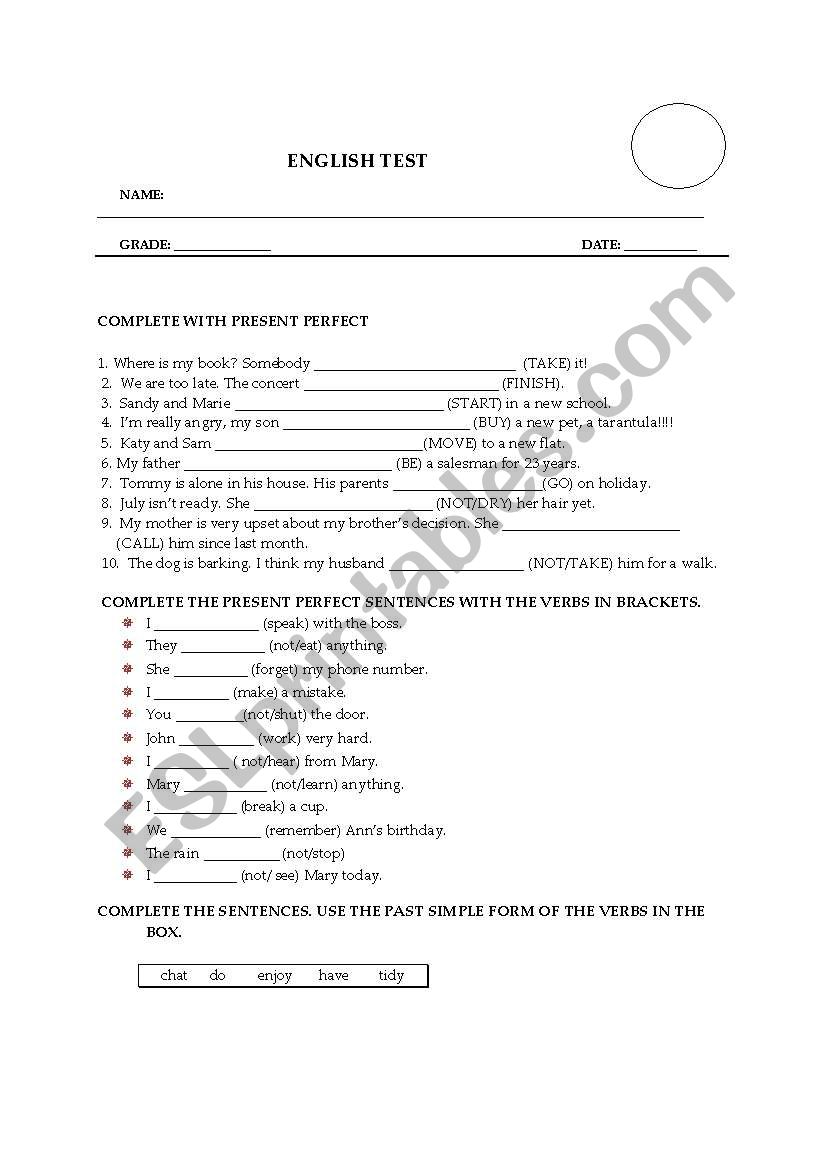test present perfect  worksheet