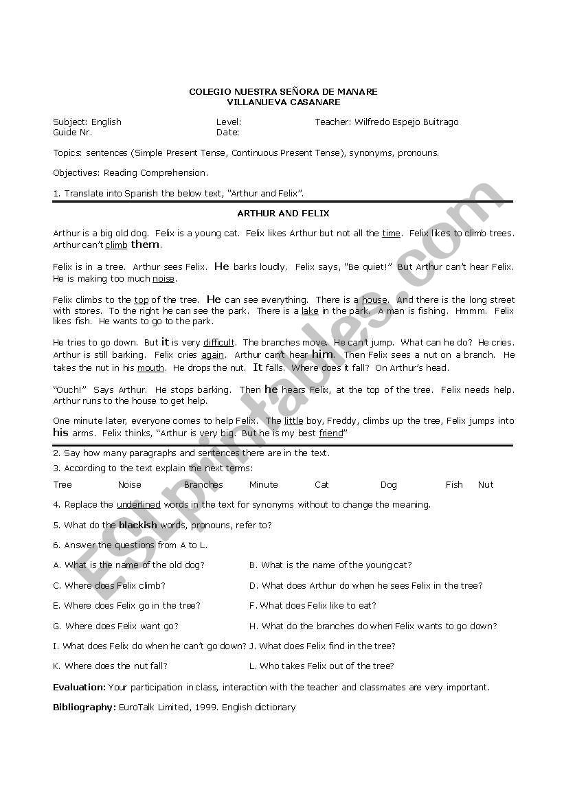 Arthur and Felix worksheet