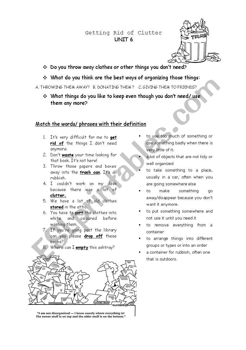 GETTING RID OF CLUTTER worksheet