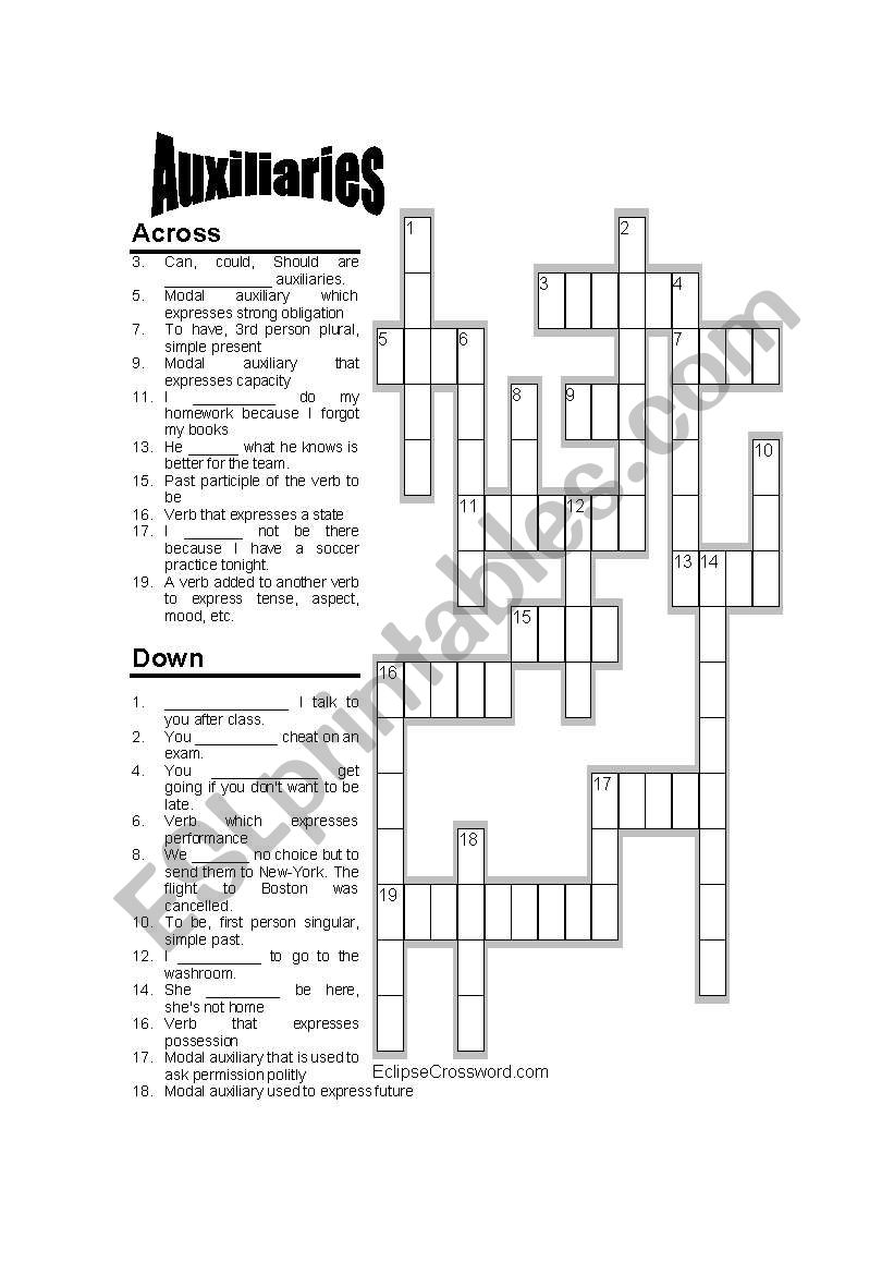 Modal auxiliaries Crossword worksheet