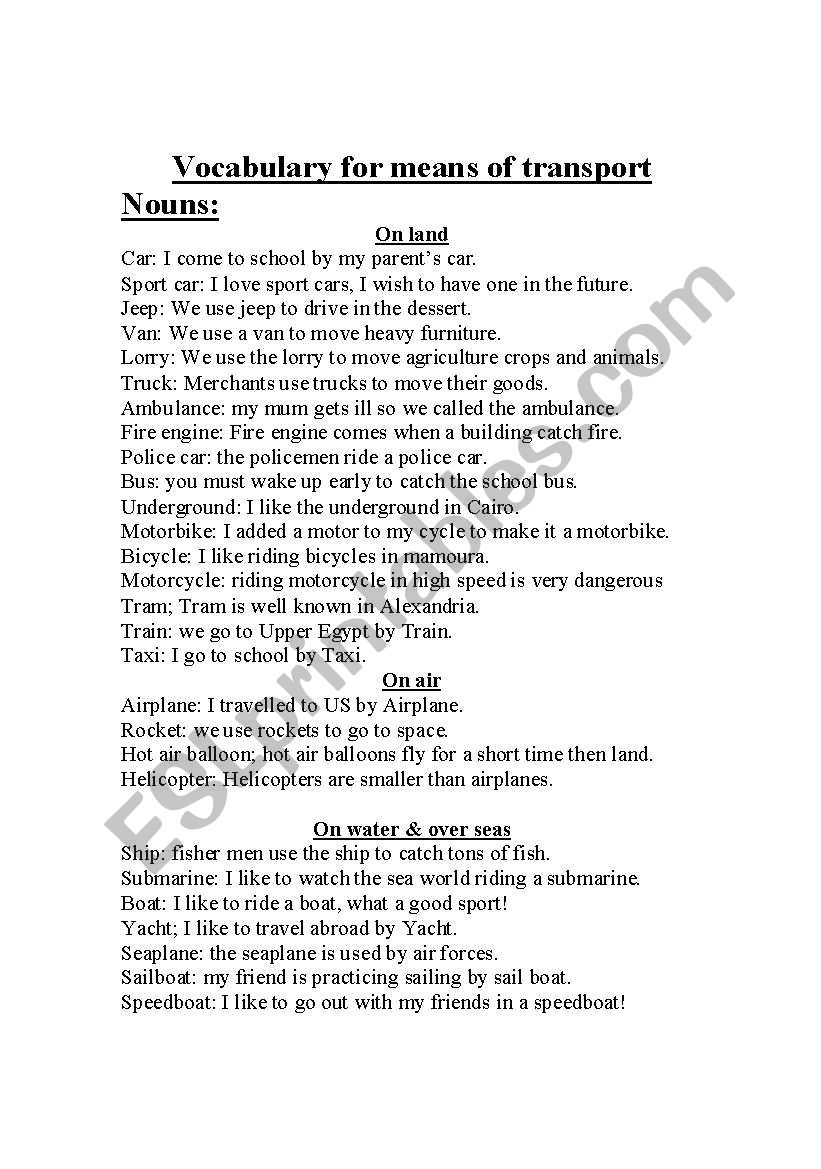 means of transport vocabulary and prepositions