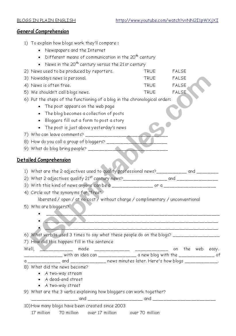 Blogs in plain English worksheet