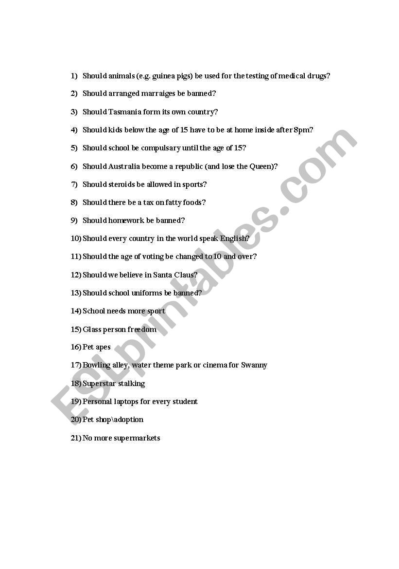 Exposition/Debate Topics worksheet