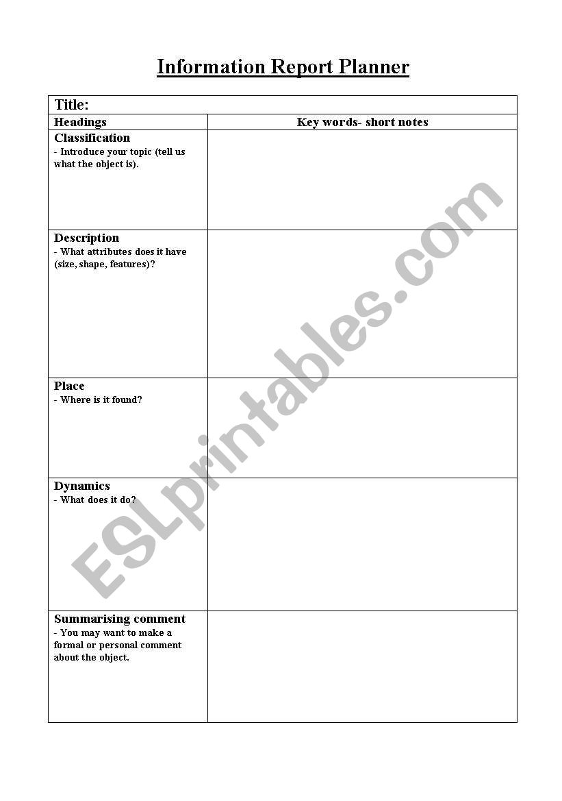 Information Report Planner worksheet