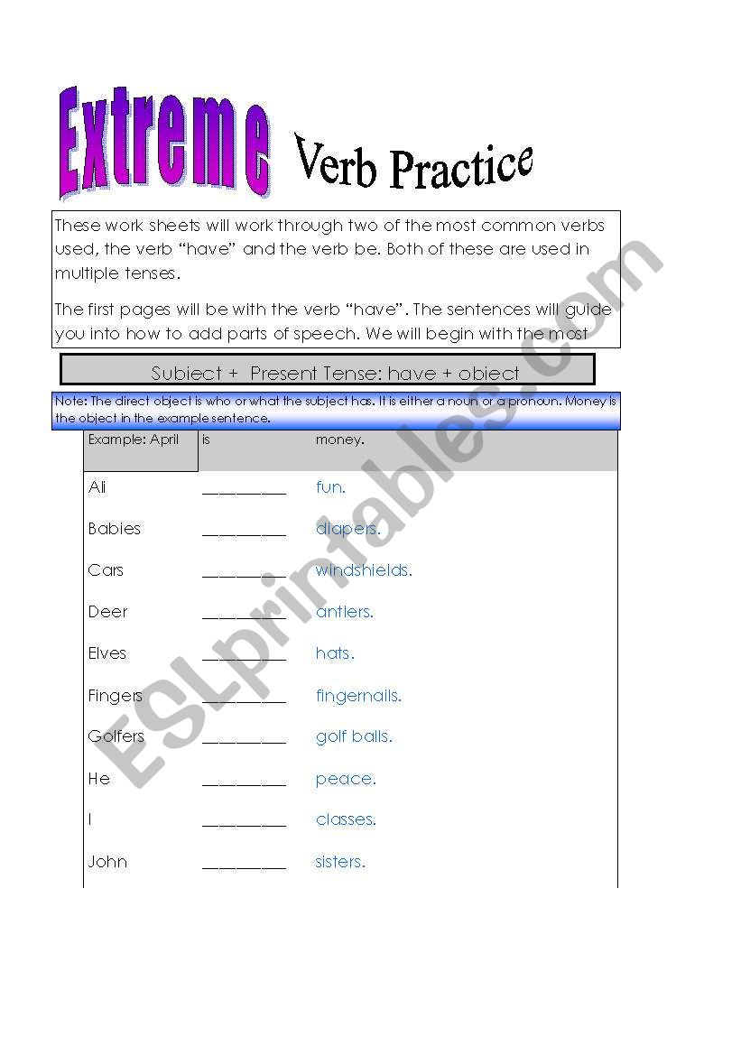 Extreme Verb Practice worksheet