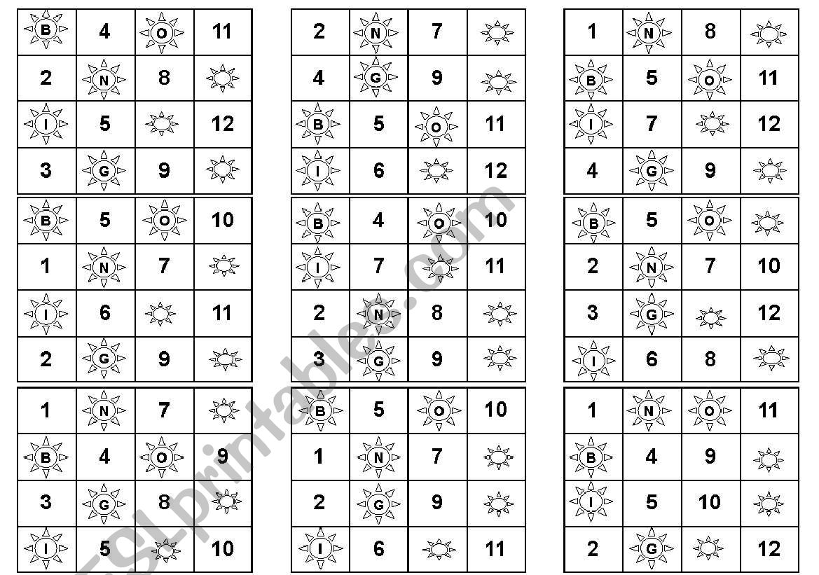 Bingo numbers 1-12 worksheet
