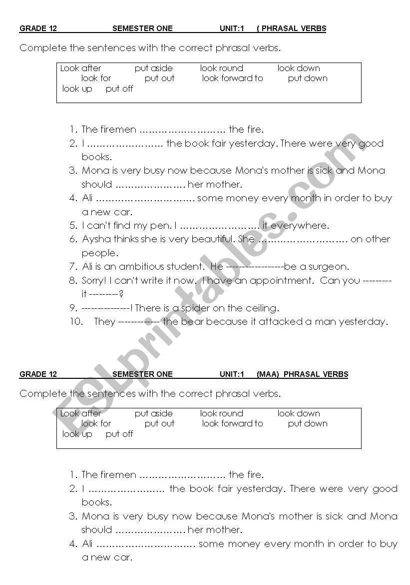 some phrasal verbs worksheet