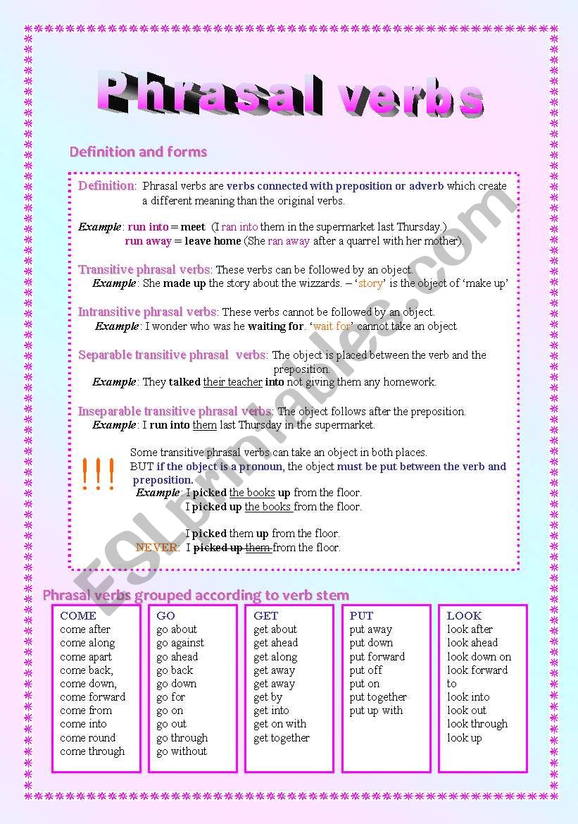 Phrasal verbs (with key) worksheet