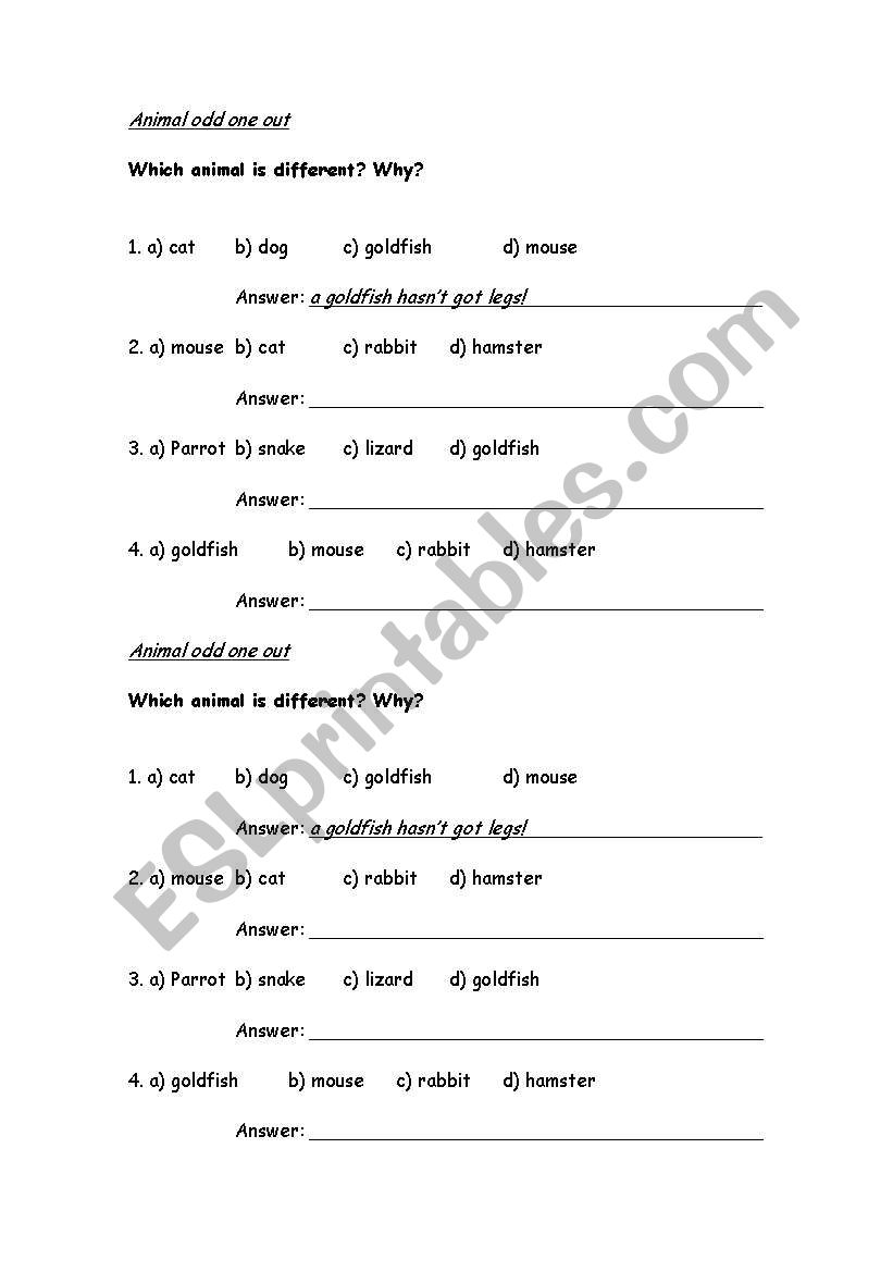 Animal odd one out worksheet