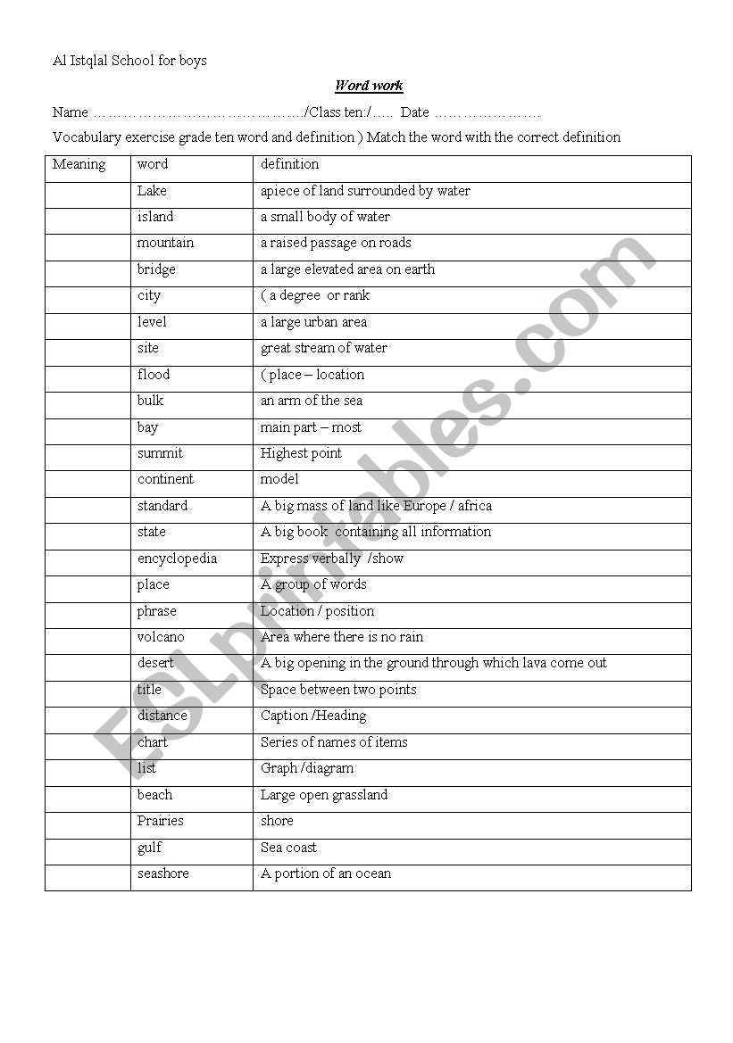 WorkSheet Tenth Grade worksheet