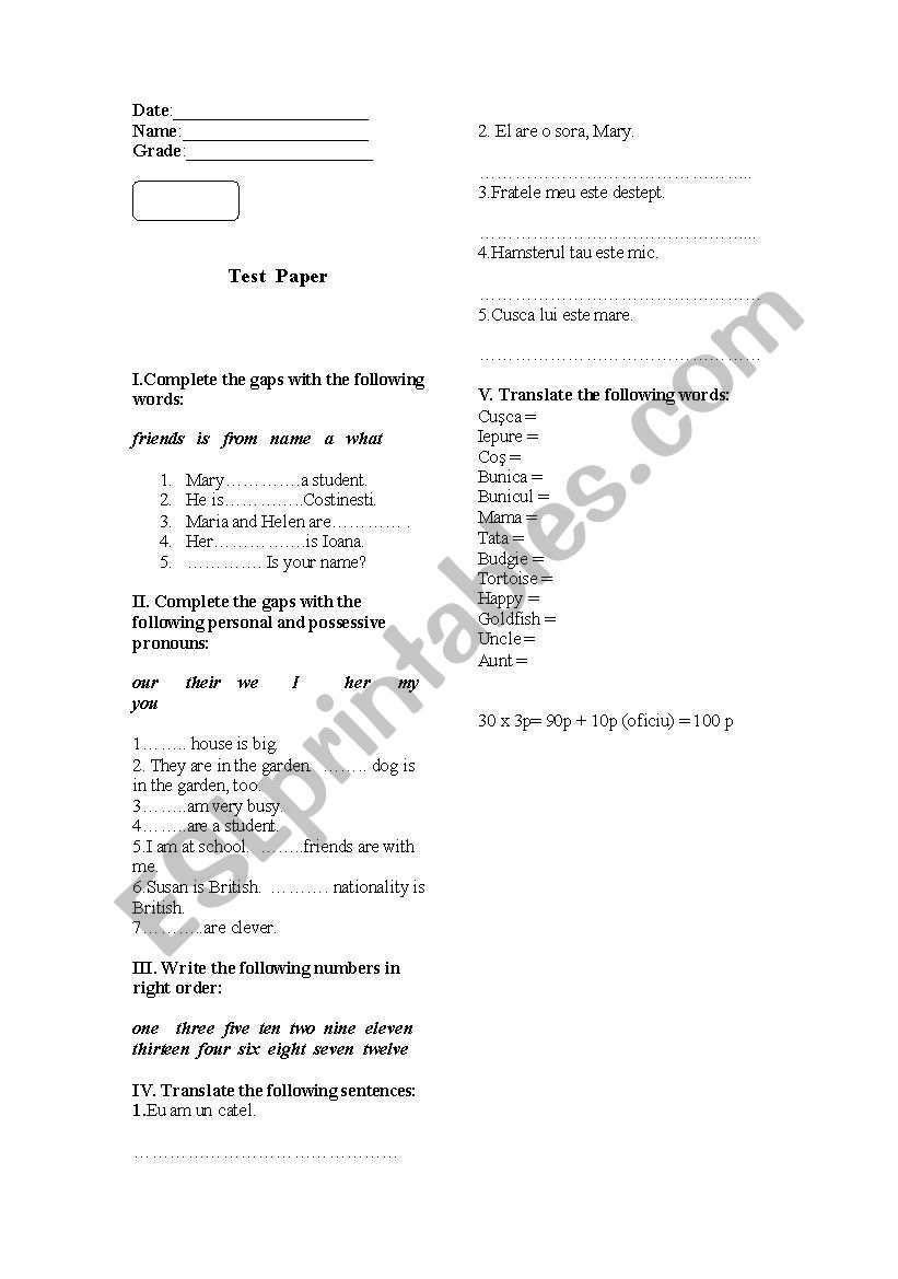 A test for 5th graders worksheet
