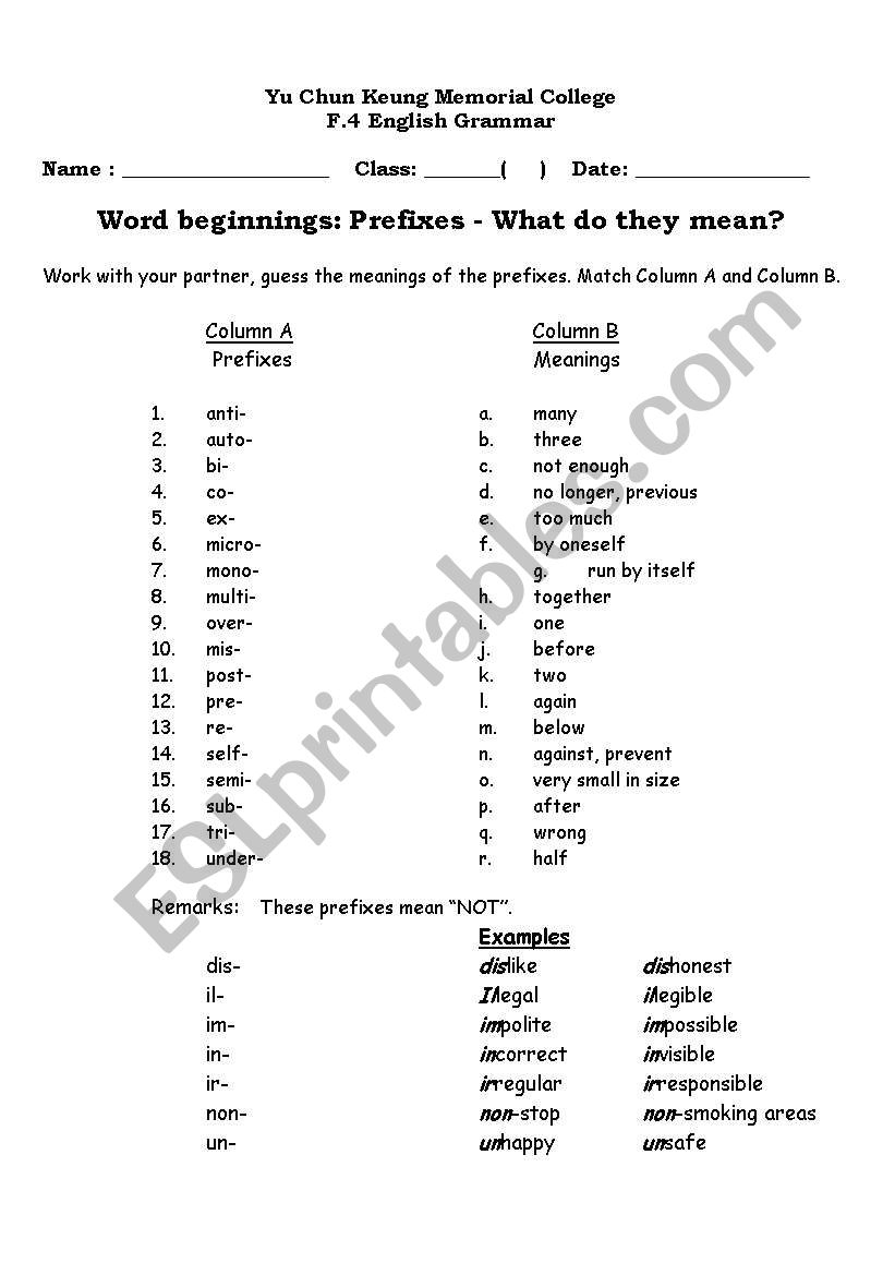 Prefix and suffix exercise - ESL worksheet by tse.chun.yan Regarding Prefixes And Suffixes Worksheet