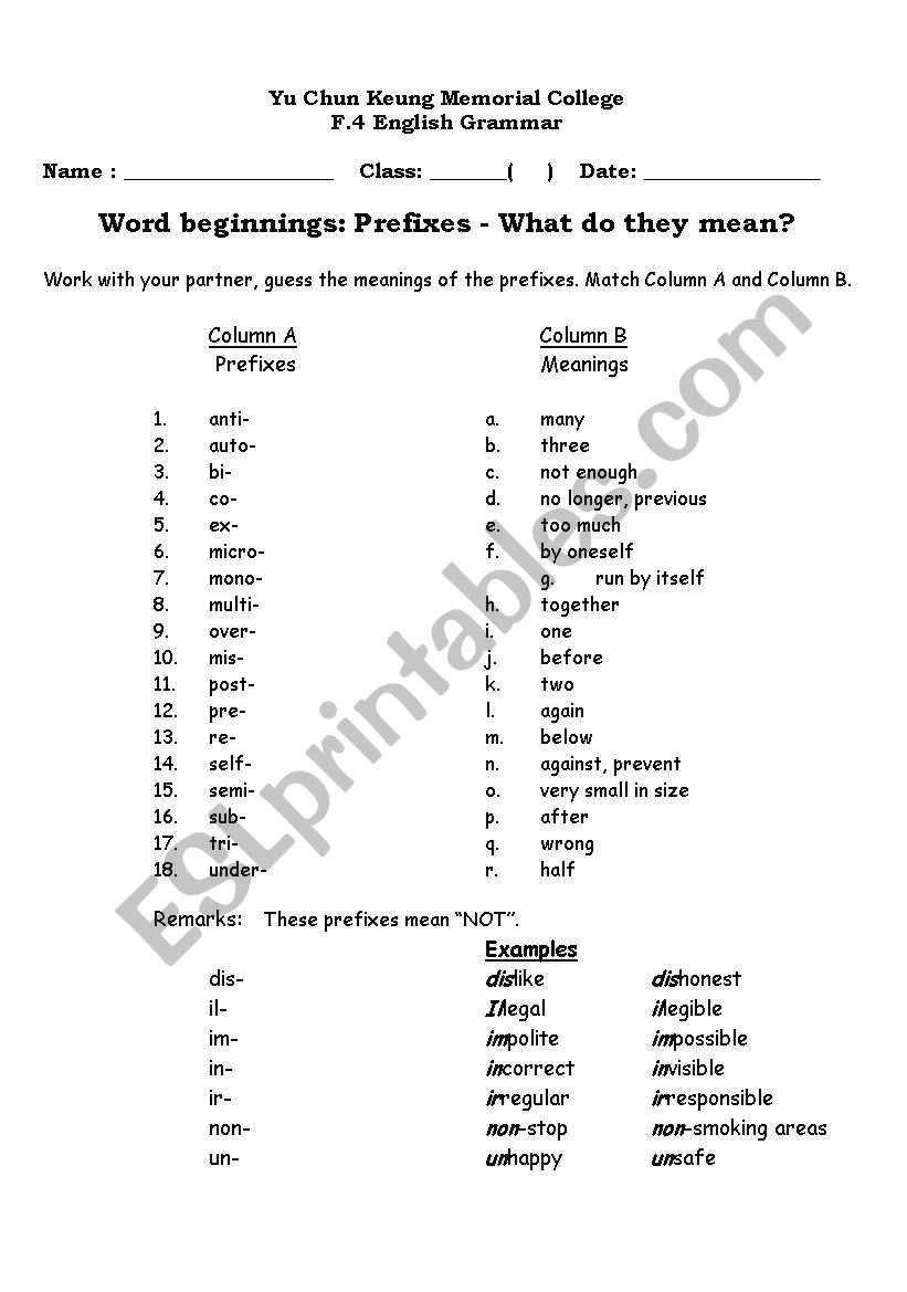 Prefix and suffix exercise worksheet