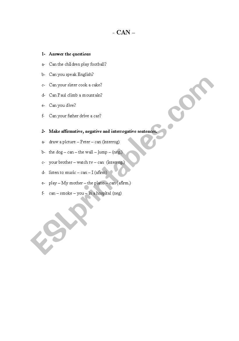 Verb Can worksheet