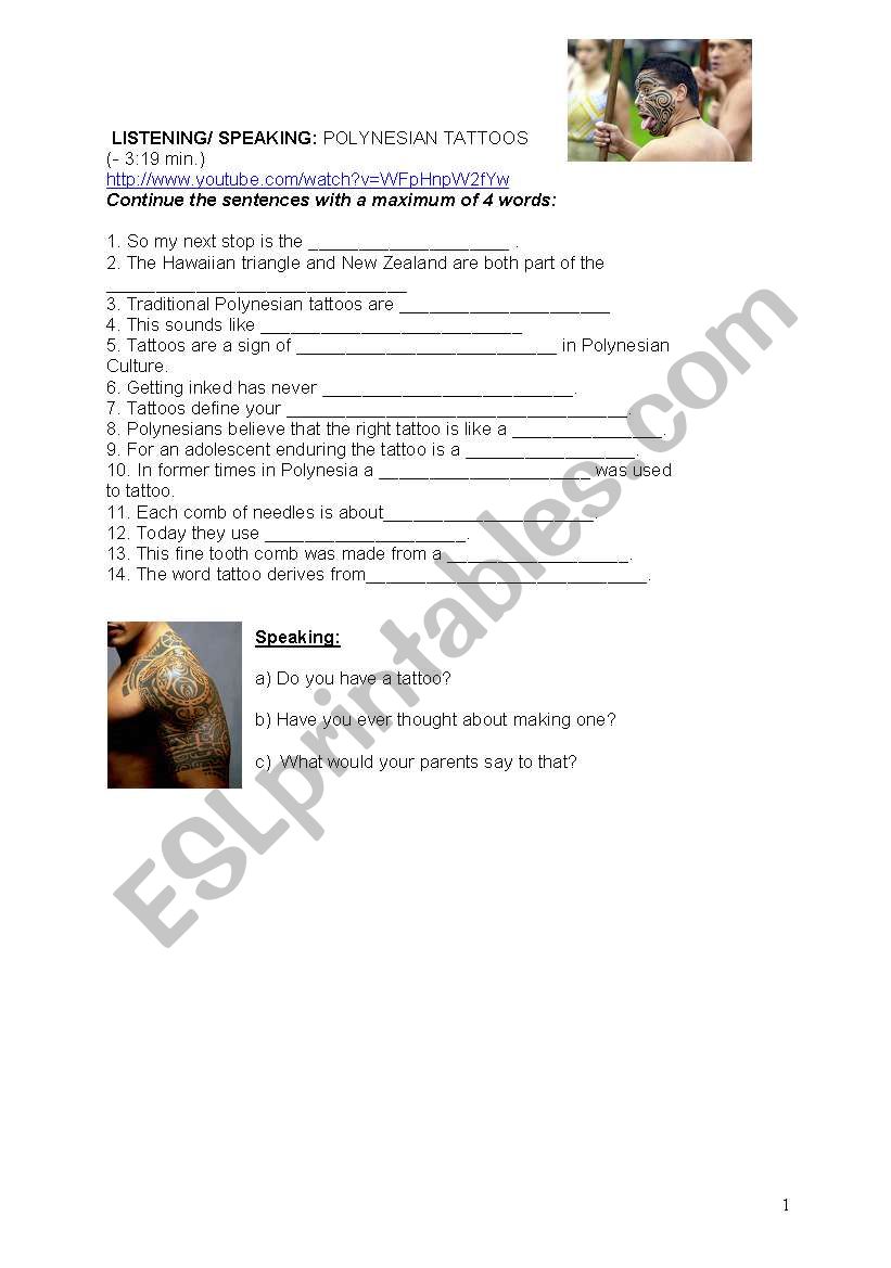 Polynesian TATTOO  New Zealand tribal culture video  KEY  ESL worksheet  by simplifyyourteaching