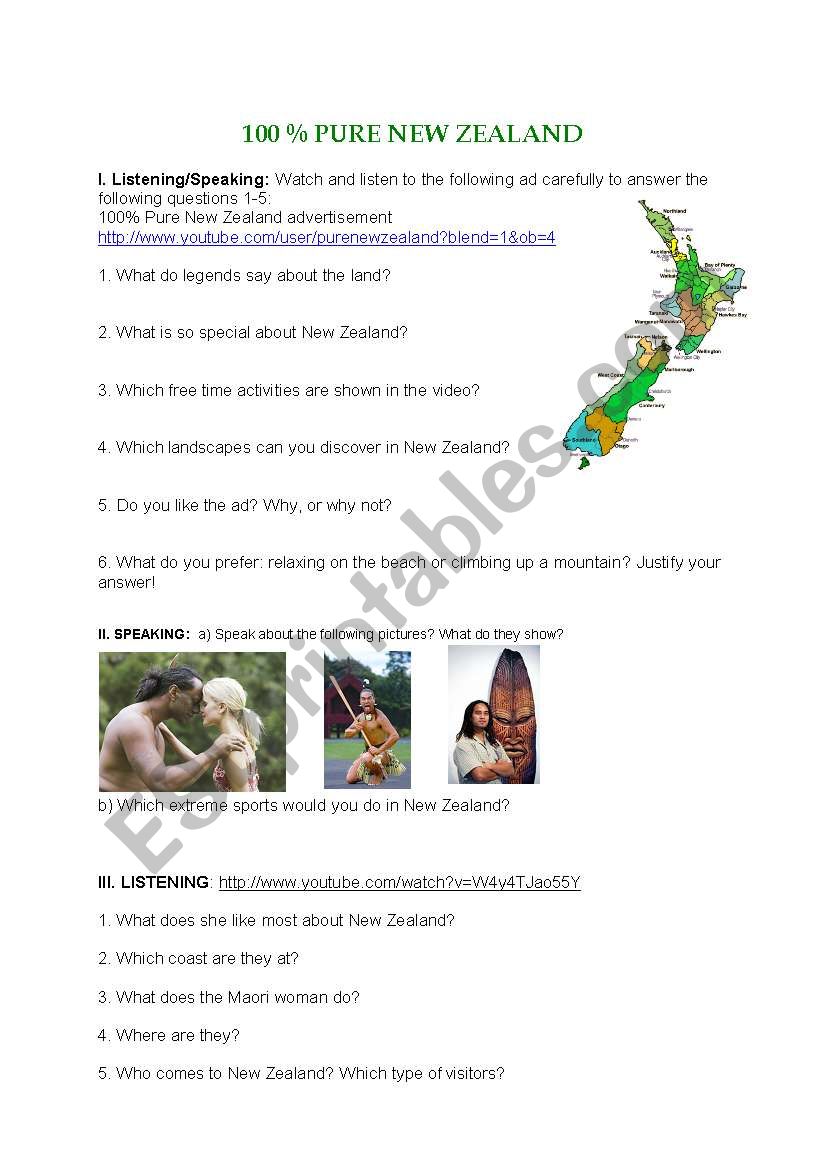 100 PURE NEW ZEALAND - Maori culture video and speaking tasks + KEY