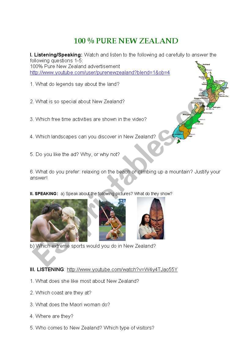 100 PURE NEW ZEALAND - Maori culture video and speaking tasks + KEY