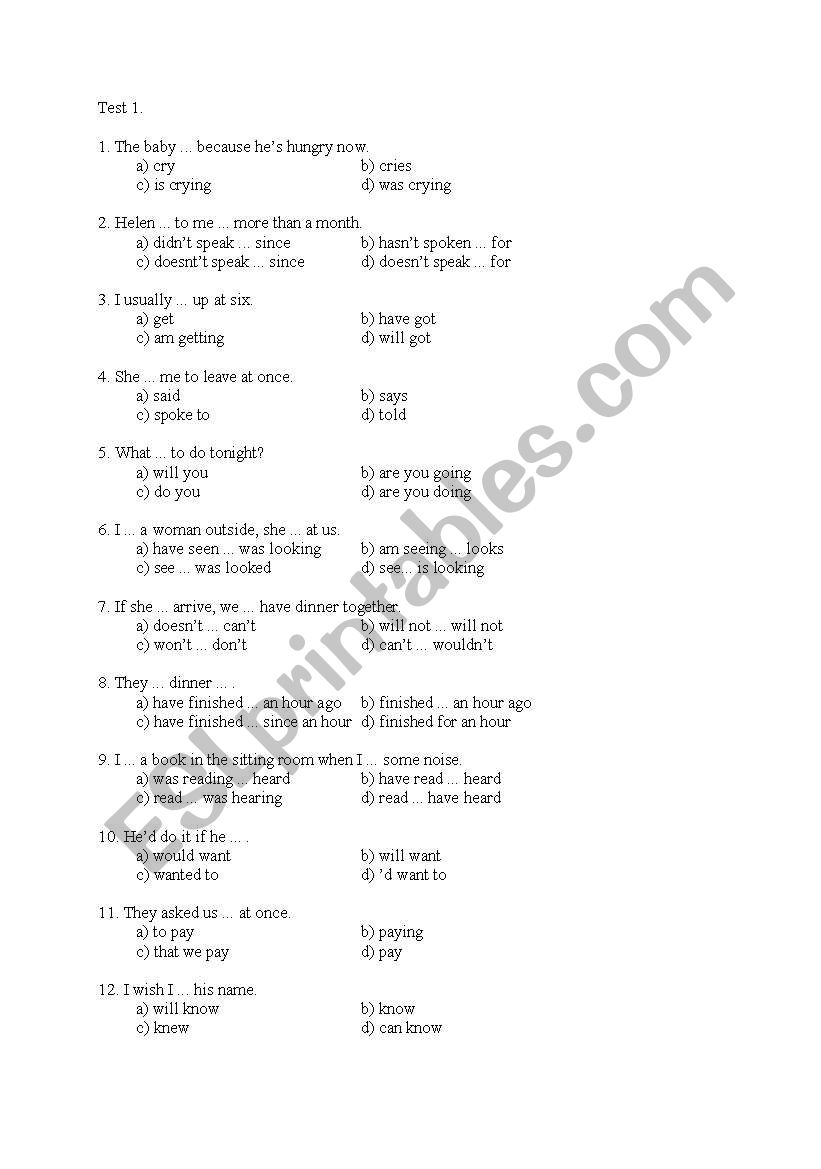 Multiple choice grammar test worksheet