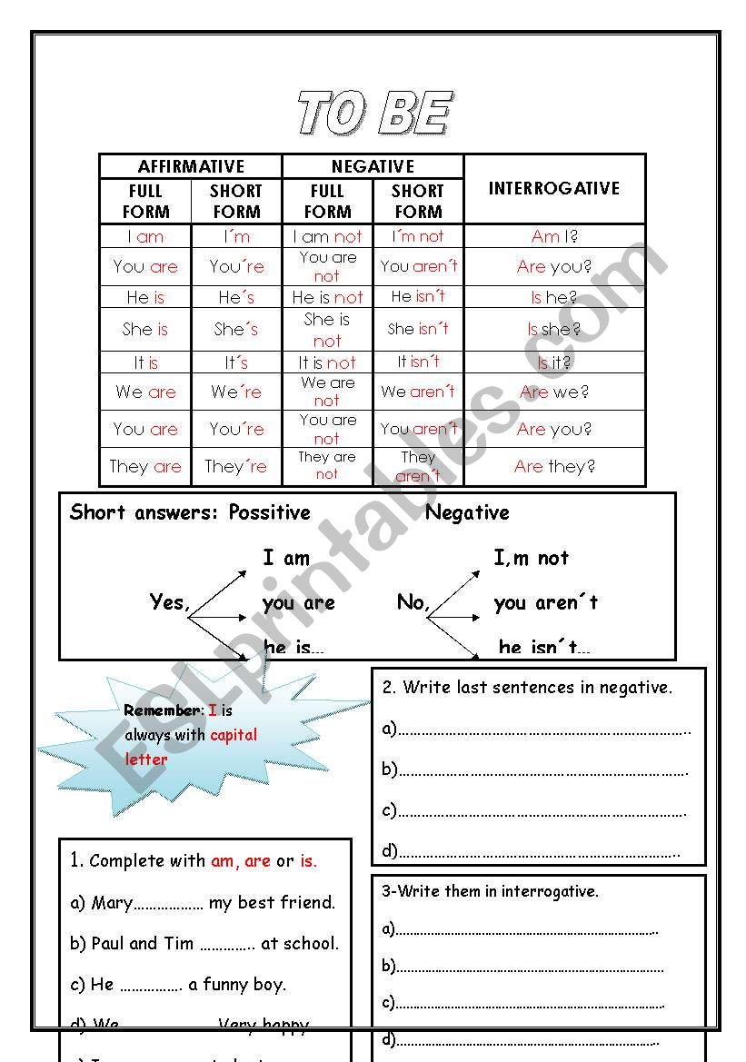 TO BE worksheet