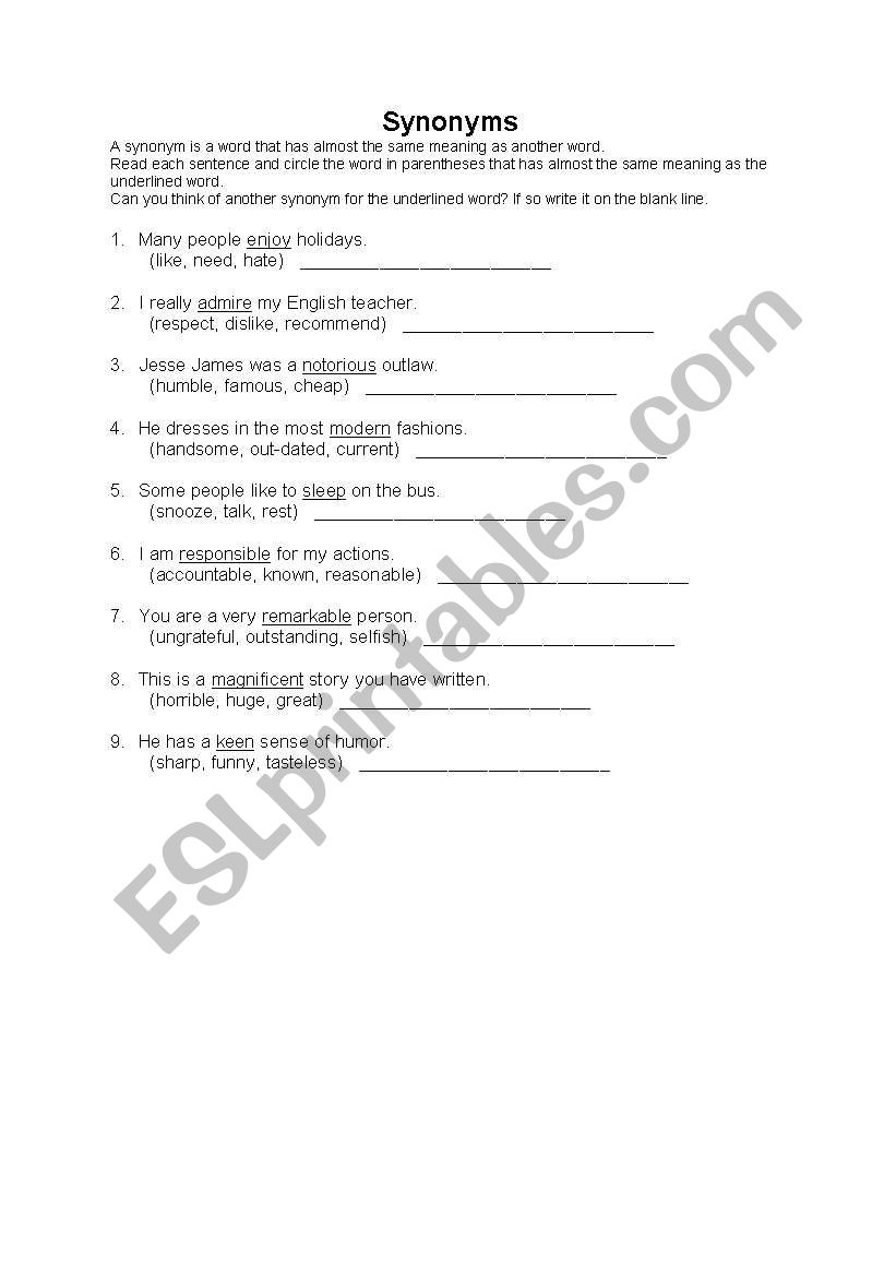 synonms worksheet