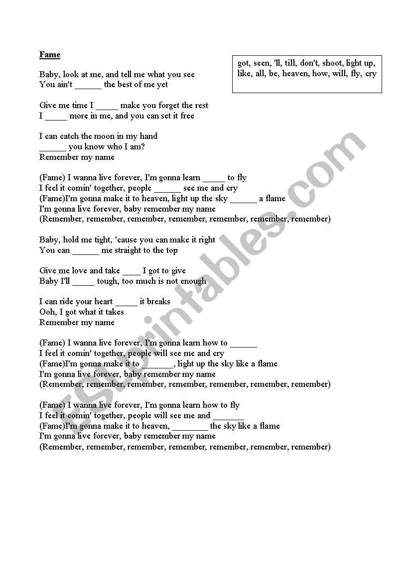 Fame (a song) worksheet