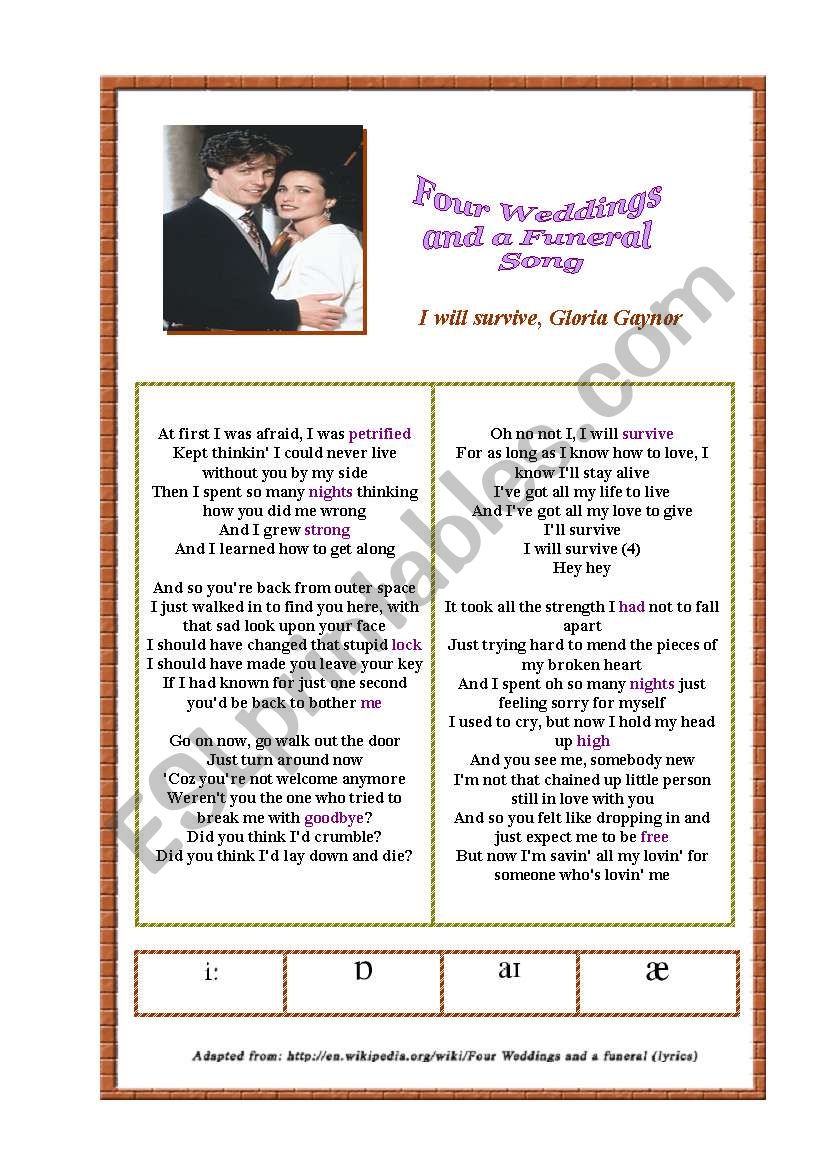 four weddings and a funeral song: I WILL SURVIVE.