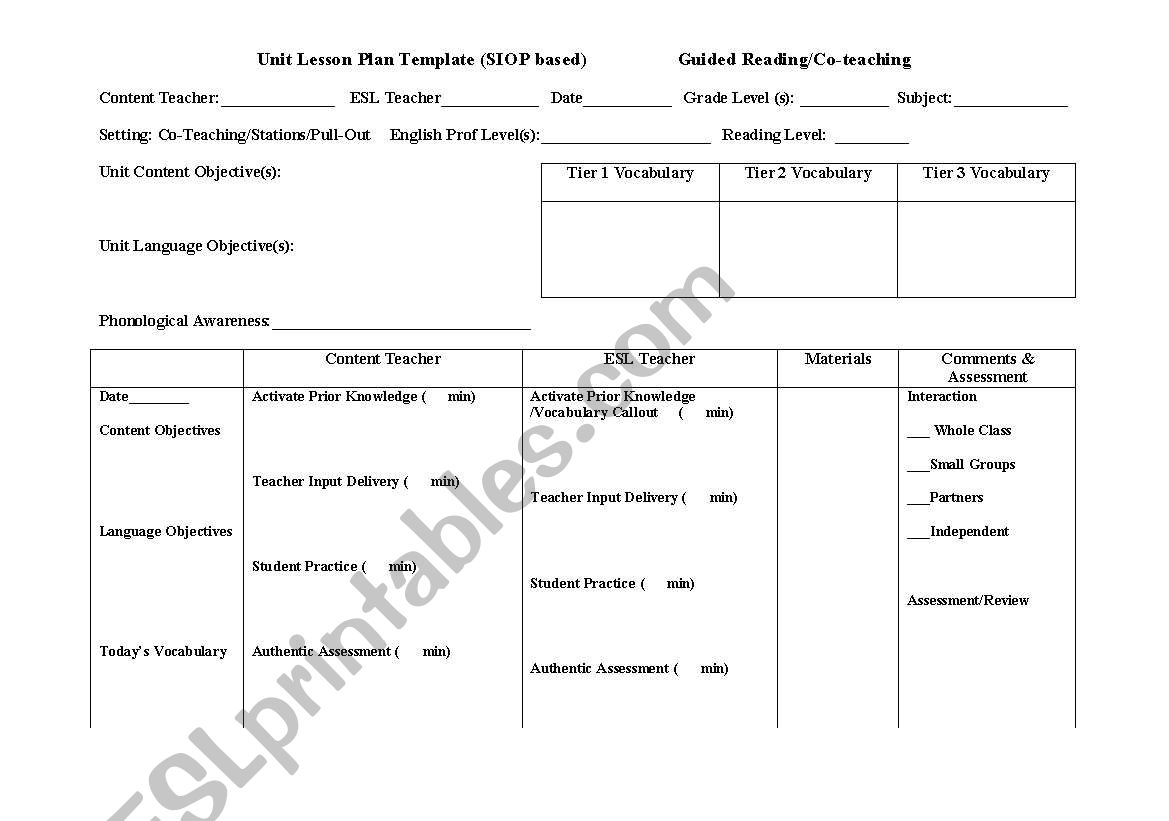 Co Teaching Planning Template from www.eslprintables.com