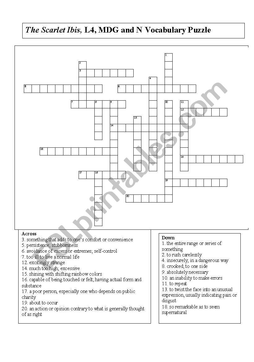 English worksheets: The Scarlet Ibis Vocabulary Crossword Puzzle In The Scarlet Ibis Worksheet Answers