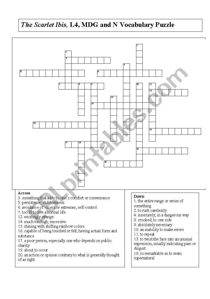 English worksheets: The Scarlet Ibis Vocabulary Crossword Puzzle With The Scarlet Ibis Worksheet Answers