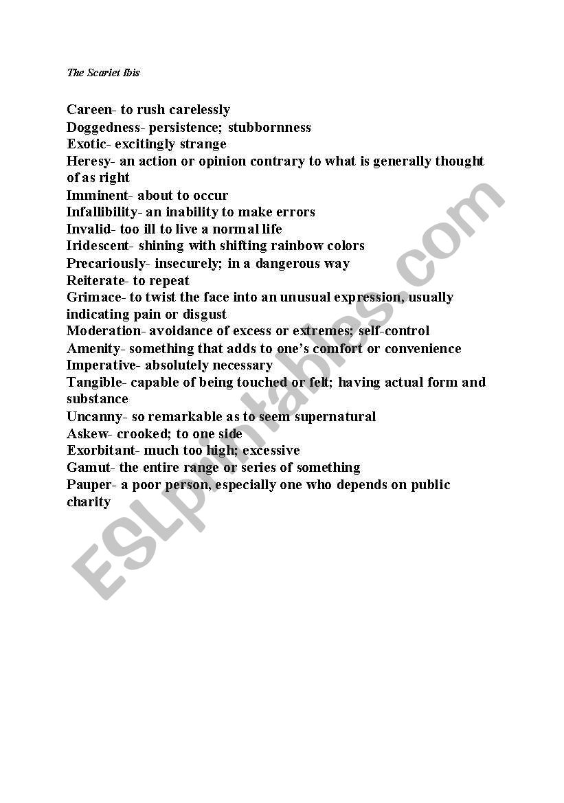 English worksheets: Vocabulary from The Scarlet Ibis Inside The Scarlet Ibis Worksheet
