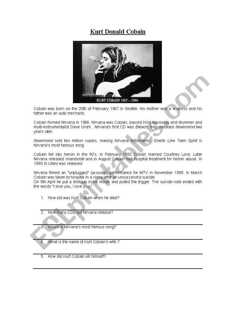 Kurt Cobains biography worksheet