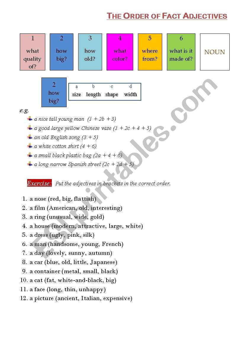 the Order of Fact Adjectives worksheet