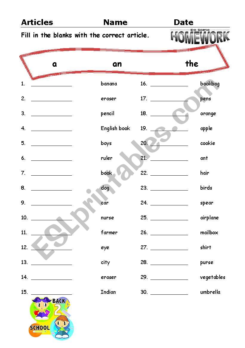 Articles - A / An worksheet