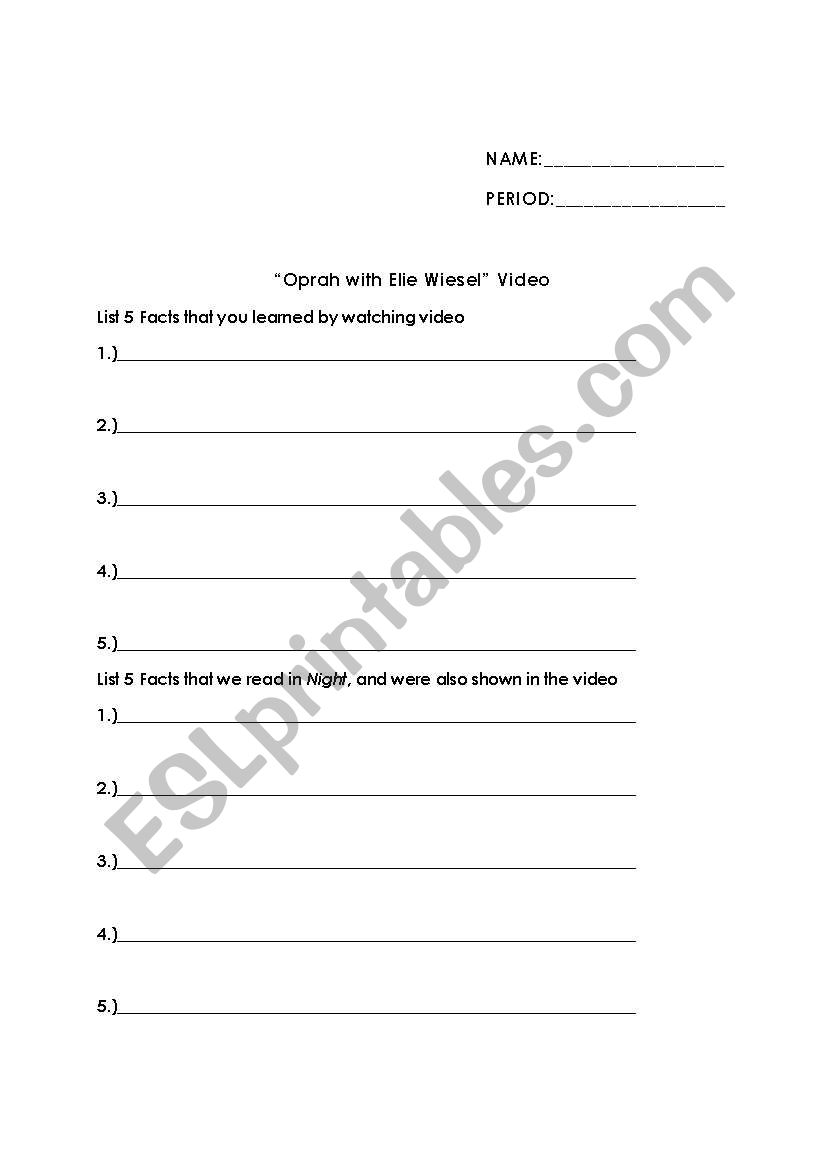 10 Facts about Elie Wiesel worksheet
