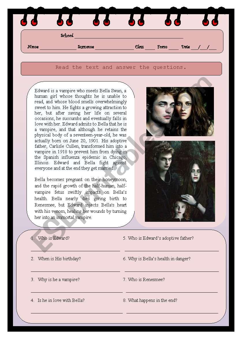 Edward Cullens life worksheet