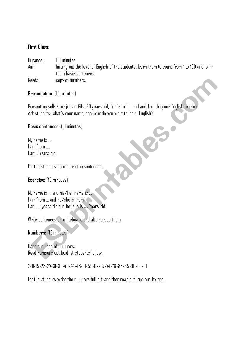 first class worksheet