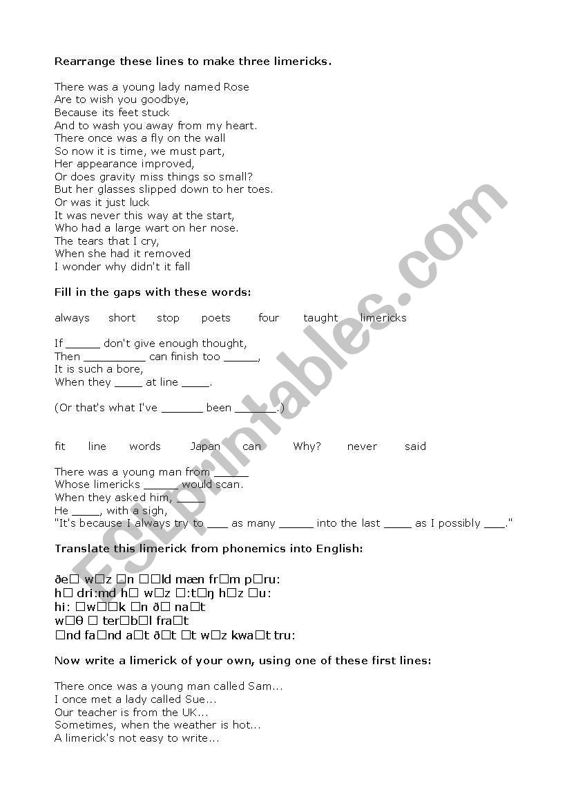 Limericks worksheet worksheet