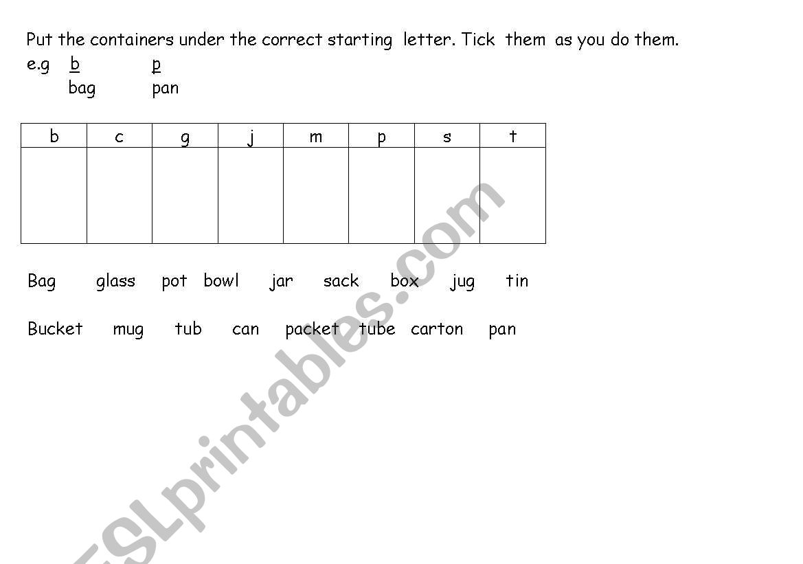 Containers-Put containers under the correct initial letter