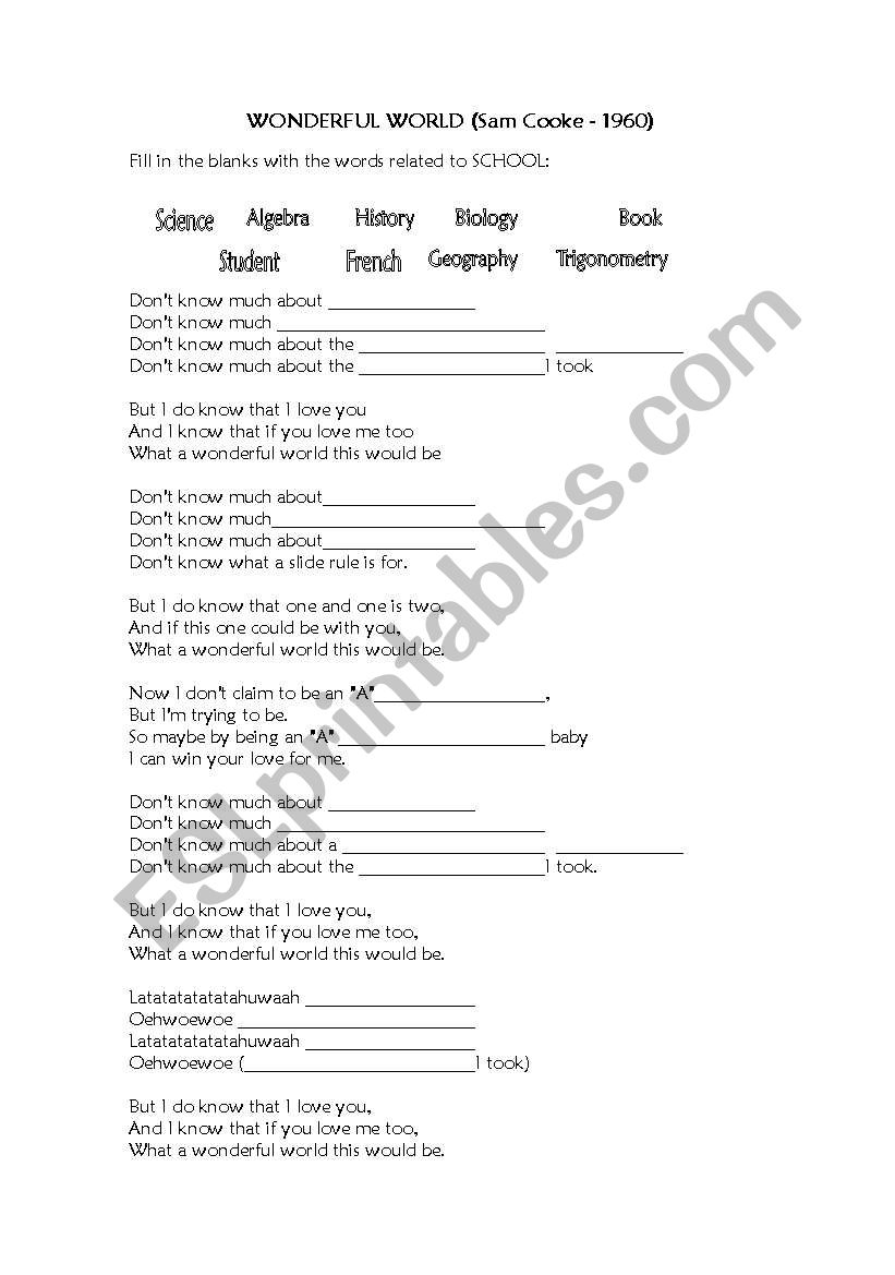 Wonderful World (Sam Cooke) worksheet