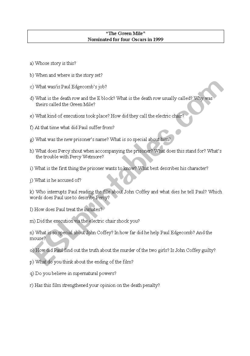 The Green Mile worksheet