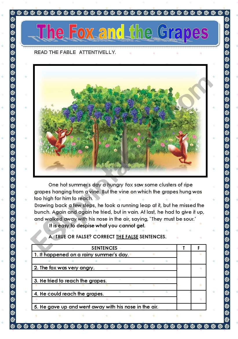 THE FOX AND THE GRAPES worksheet