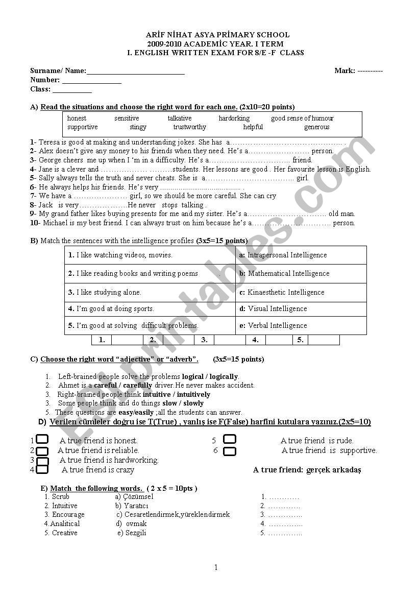 Adjectives worksheet