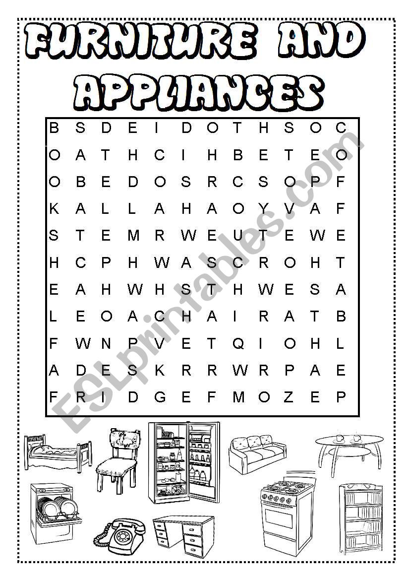 FURNITURE AND APPLIANCES WORDSEARCH