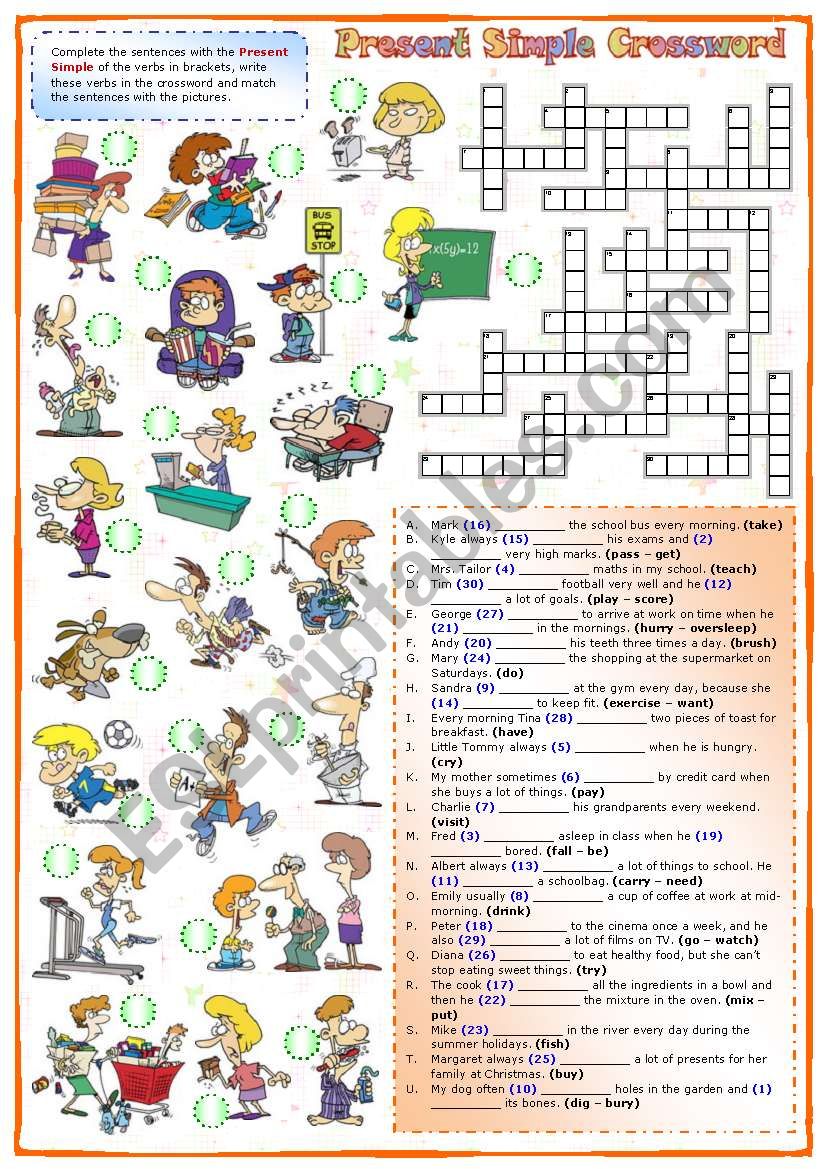 Present Simple Crossword (2): Third person singular