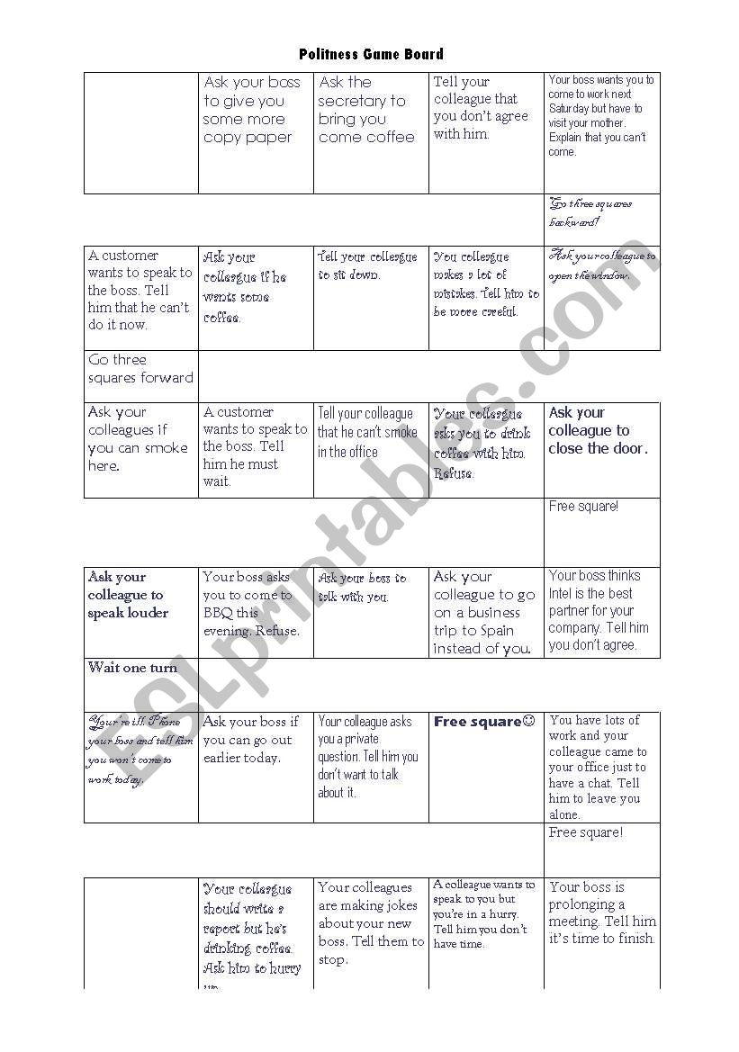 Politness Game board worksheet