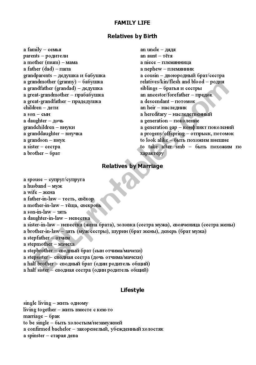 Family worksheet