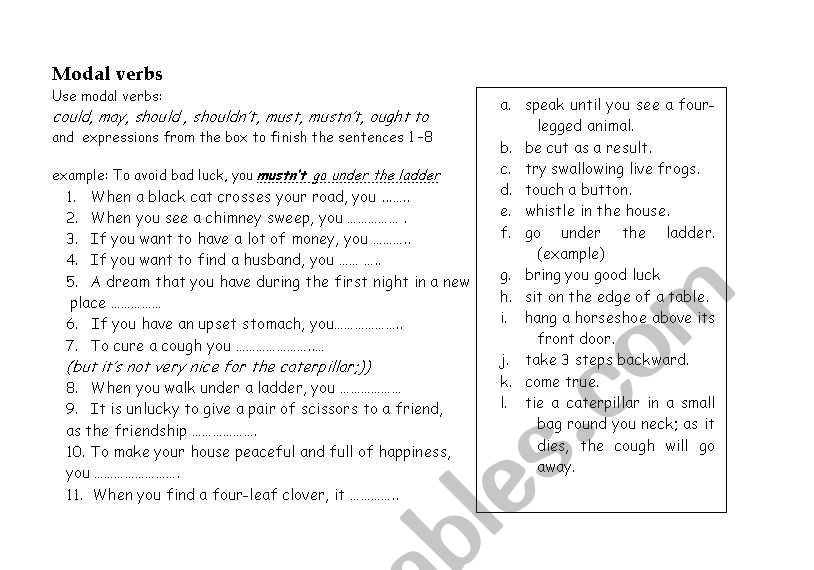 Modal verbs and superstitions worksheet