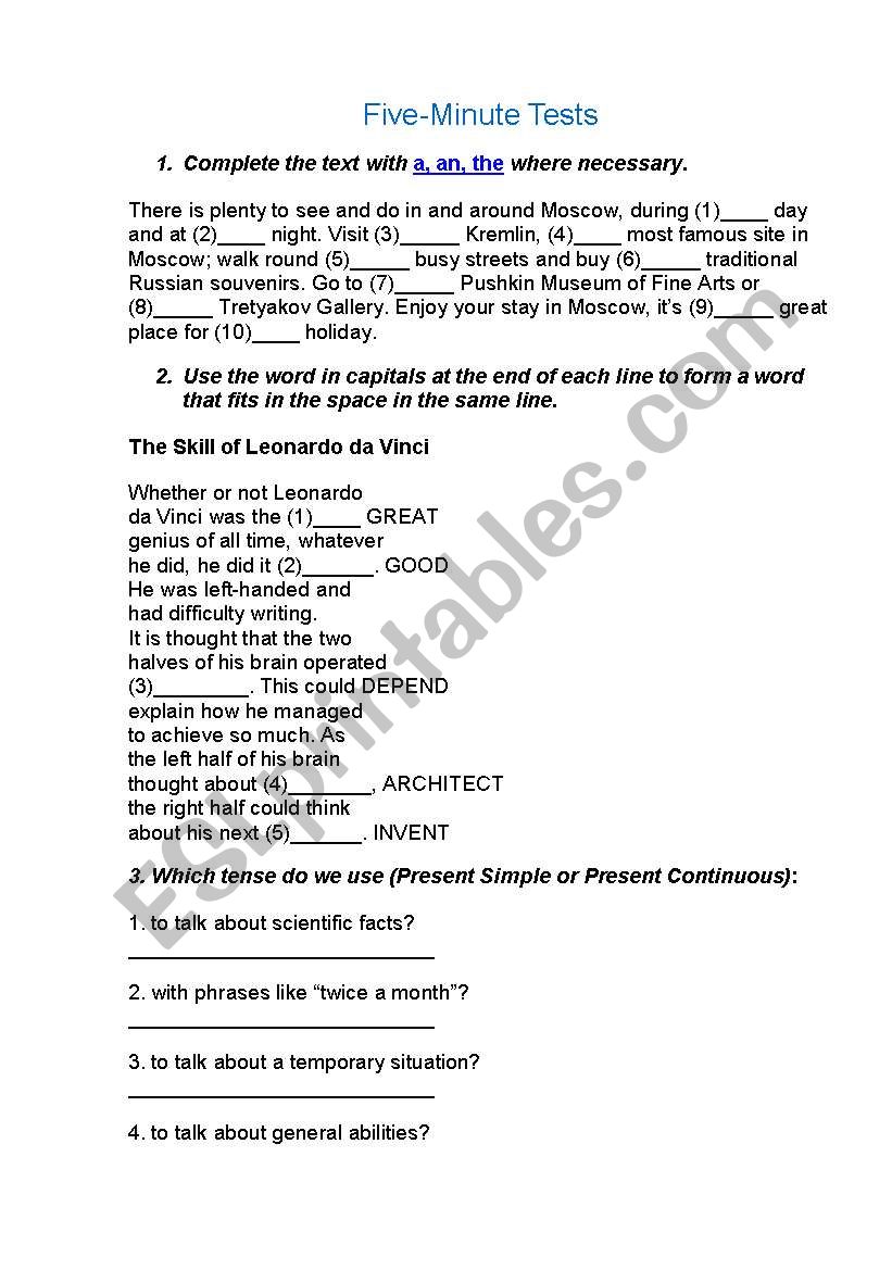 5-minute tests worksheet